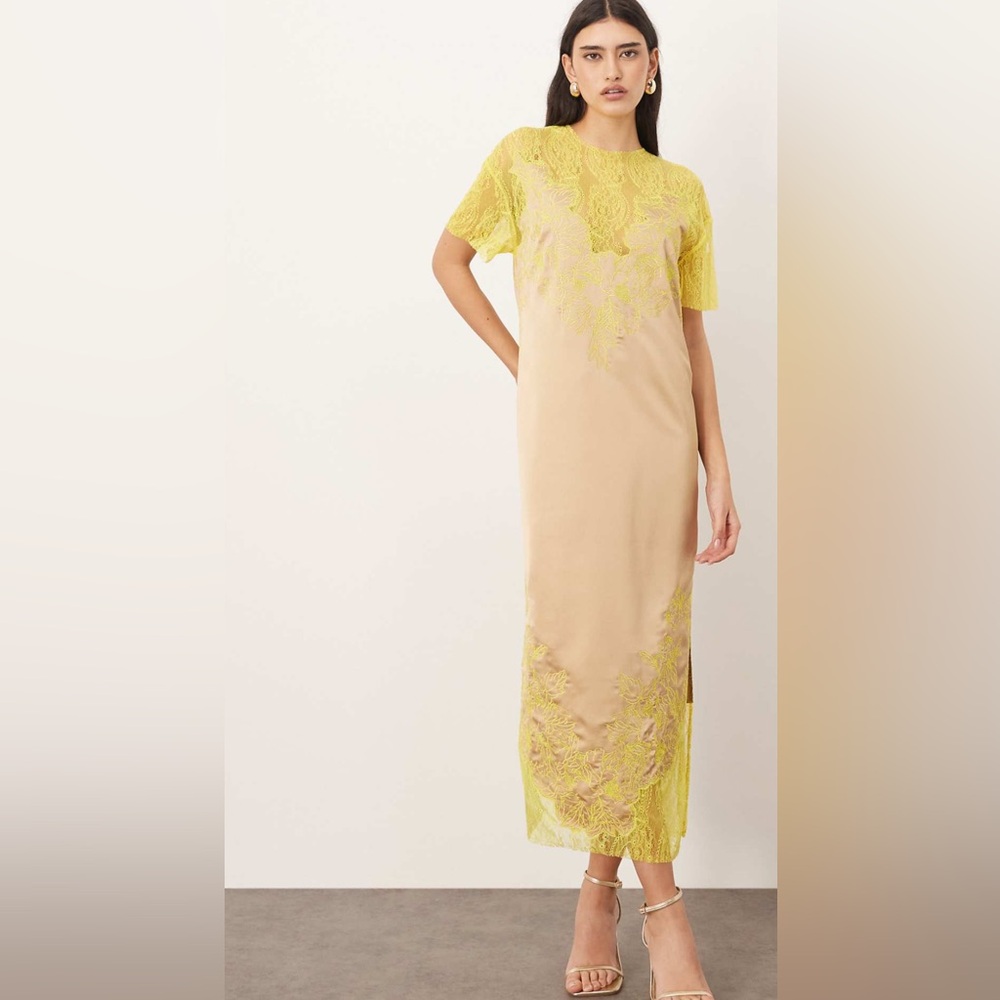 ASOS Yellow and Beige Lace Midi Dress